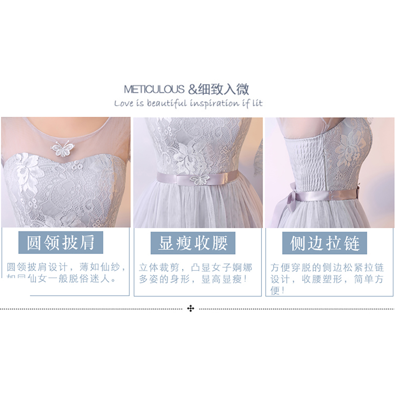 kudapy เดรสราตรียาวสีเทา ออกงาน ตัวเดรสลายดอกไม้อกผ้ามุ้งซีทรูปักผีเสื้อ แขนสามส่วนมีระบายที่ปลายแขน