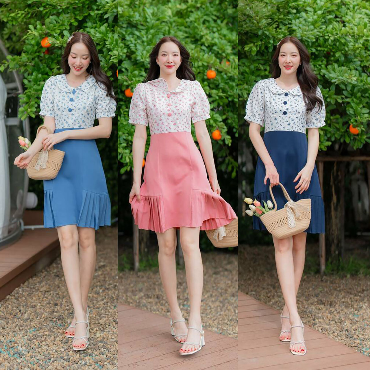 kudapy เดรสสั้นสีชมพู สีกรม สีน้ำเงินเข้ม คอบัวเสื้อลายดอกกระโปรงผ้าพื้น
