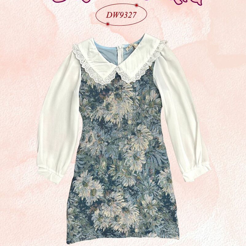 kudapy เดรสสั้นสีฟ้า/สีเขียว/สีม่วง ผ้าทอลายดอกแขนยาว เนื้อผ้าเบาใส่สบายตัว สวยดูดี