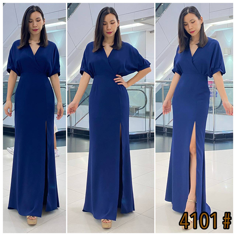 kudapy เดรสยาวสีน้ำเงิน คอวี แขนสั้น ใส่ออกงานสวยดูดีมากๆ