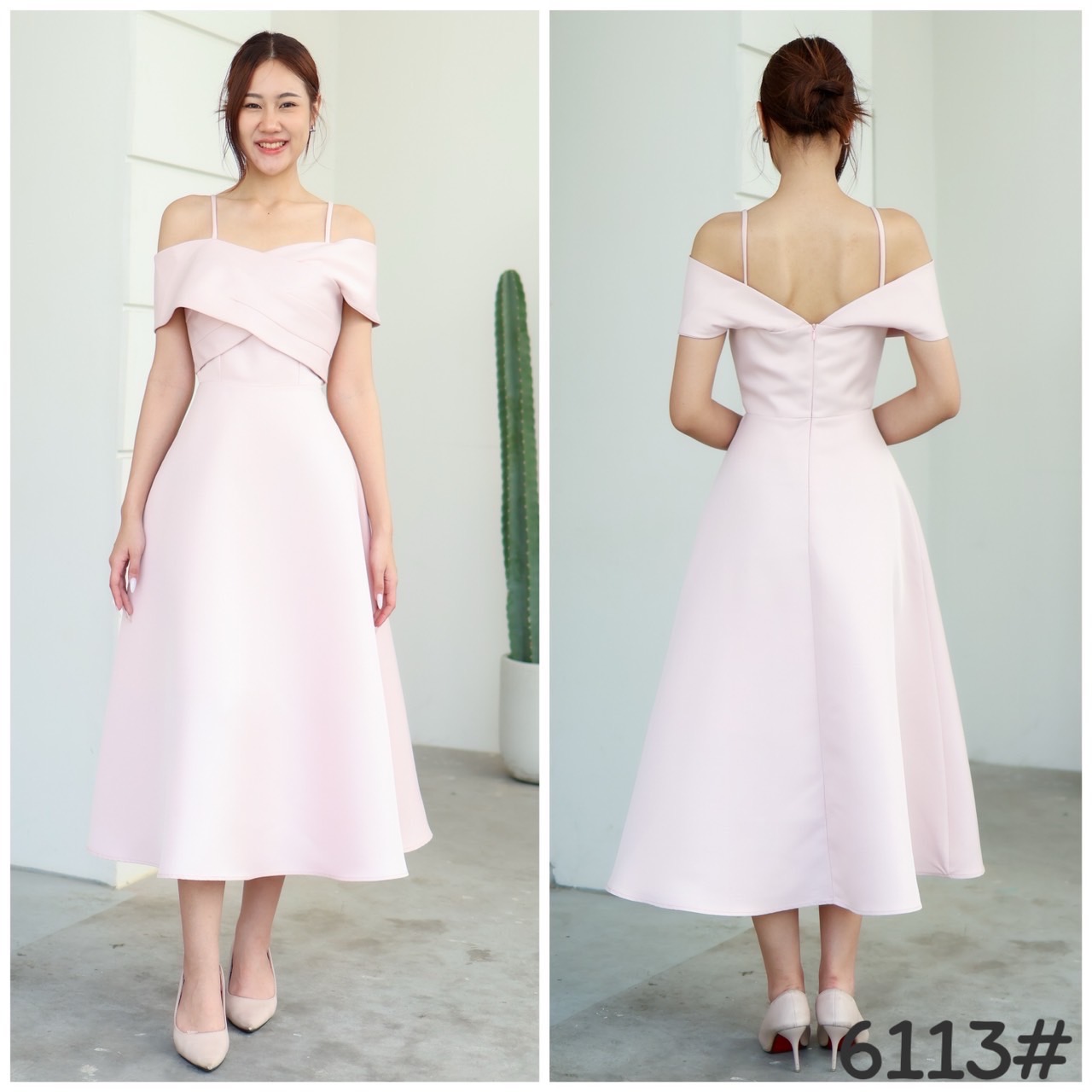 kudapy Midi dress เปิดบ่า ไขว้อก พรางแขนไหล่ตก แต่ไม่ต้องกลัวหลุด ผ้าเก็บทรง กระโปรงบานยาว