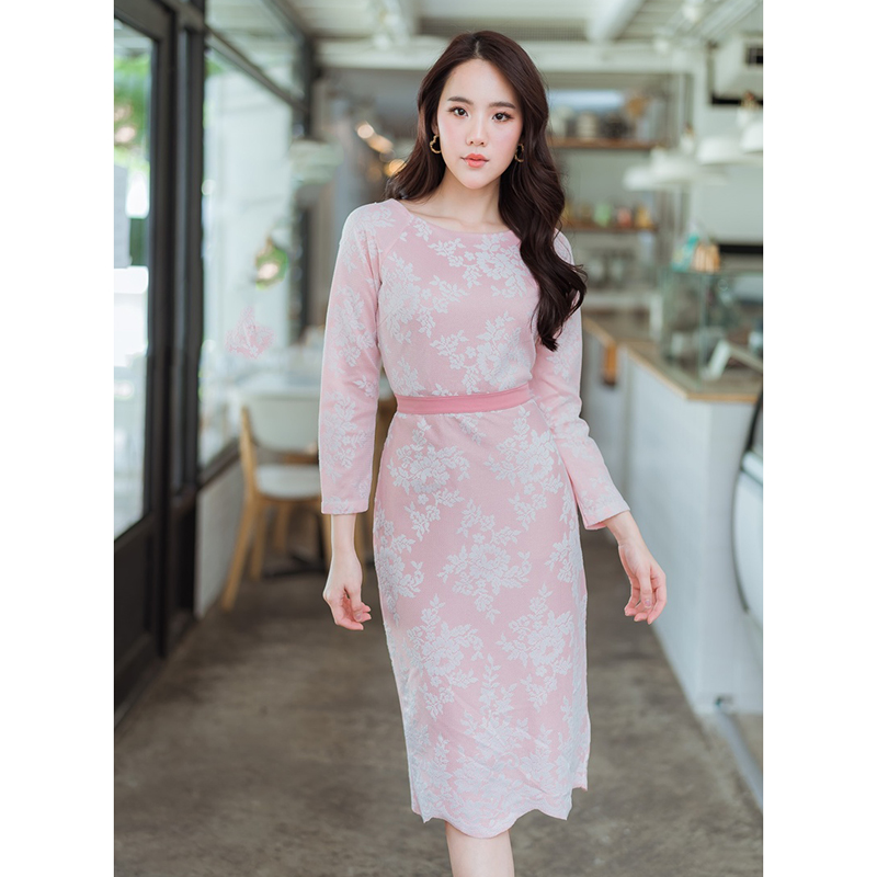 kudapy เดรสสั้นสีชมพู บาร์บี้ลายลูกไม้สวยดูดี ใส่สบายตัว