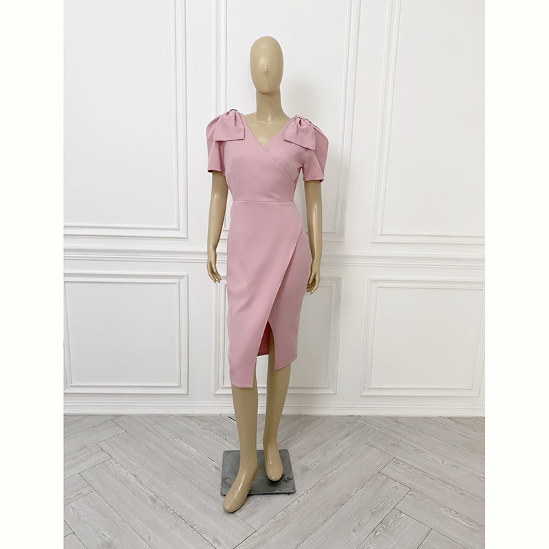 kudapy เดรสสั้นสีแดง/สีชมพู สวยออกงาน/ทำงาน เรียบหรูแต่งโบว์ไหล่ทรงเอผ่าข้าง งานไฮ มีซิปหลัง มีซับในหน้า