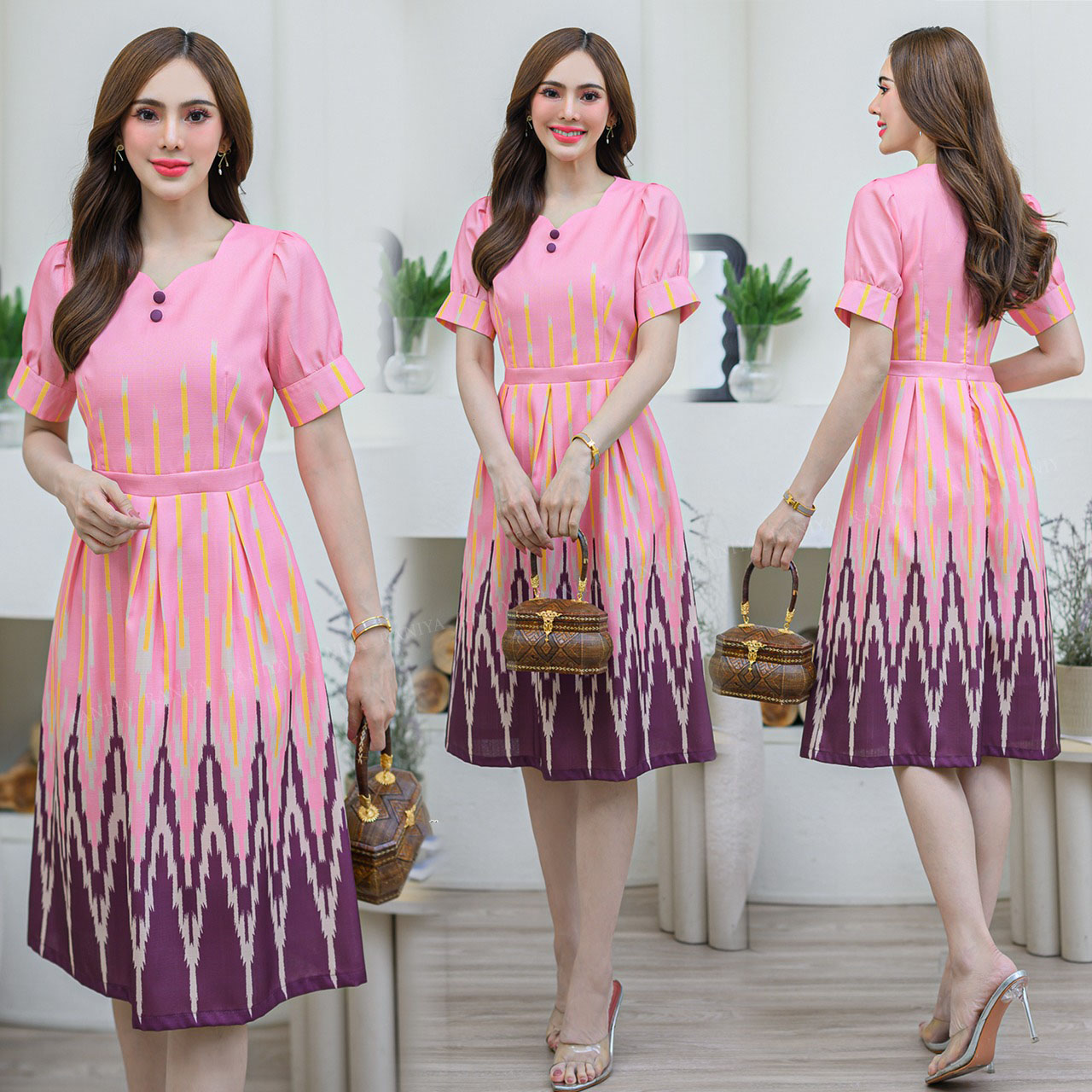 kudapy ชุดเดรสผ้าโพลีแบบทองานพิมพ์ลายเก๋ๆ คอเหลี่ยมเนื้อผ้าไม่แข็งและไม่บาง