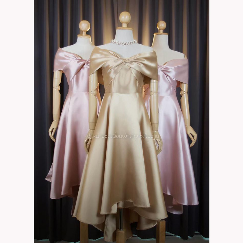 kudapy เดรสหน้าสั้นหลังยาวสีเขียว ทอง เทา ชม กรม แดง โรสโกล ขาว เปิดบ่าTwistอกใหญ่ ปิดพรางซ้อนแขน แบบอลังๆ แต่ไม่เวอร์วัง กระโปรงทรงหน้าสั้นหลังยาว