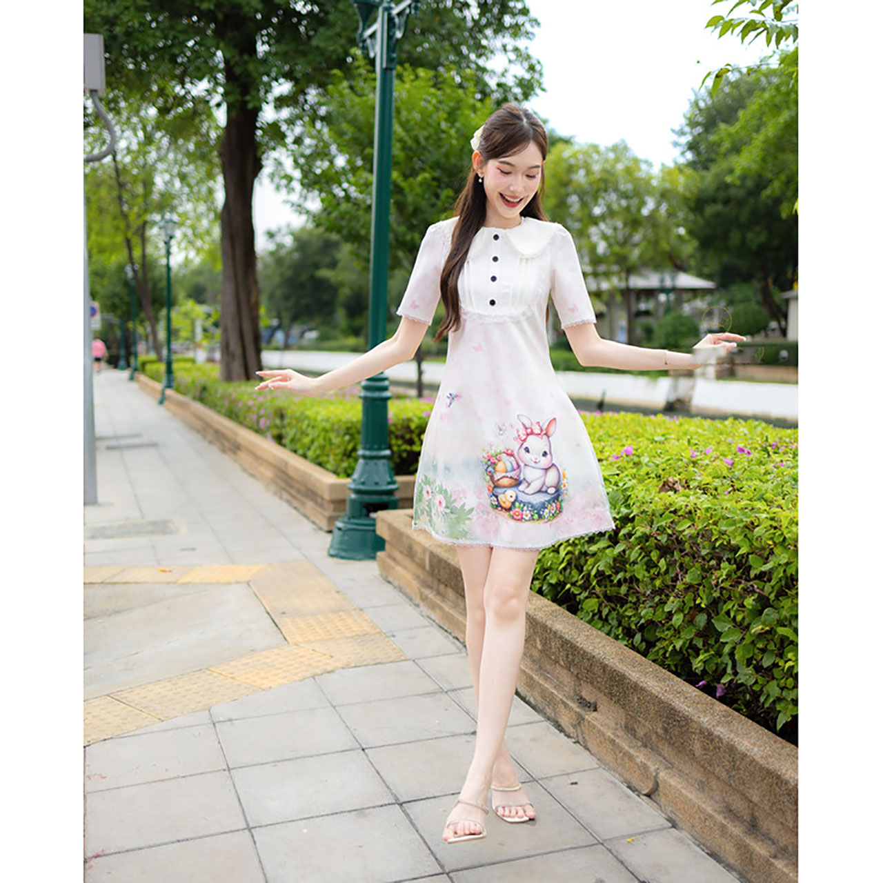 kudapy เดรสสั้นสีฟ้า ลายกระต่ายพาสเทล ใส่สบายสวยดูดี