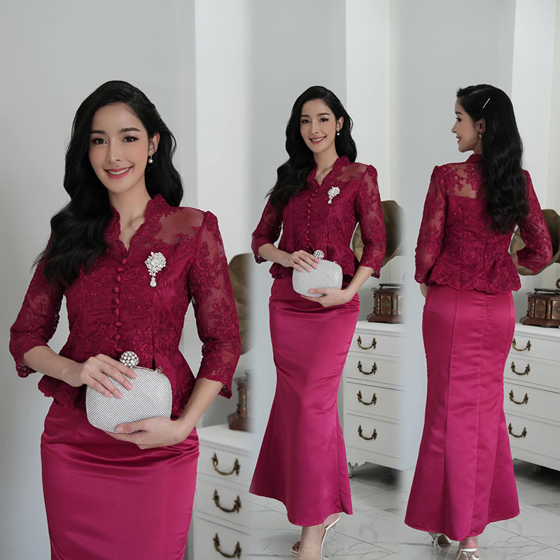 kudapy ชุด set สีแดงไวน์/สีฟ้า/สีส้มอิฐ เสื้อลูกไม้ทอลายดอกไม้สุดหรู มีซับในทั้งตัวใส่สบายไม่คัน กระโปรงหางปลา