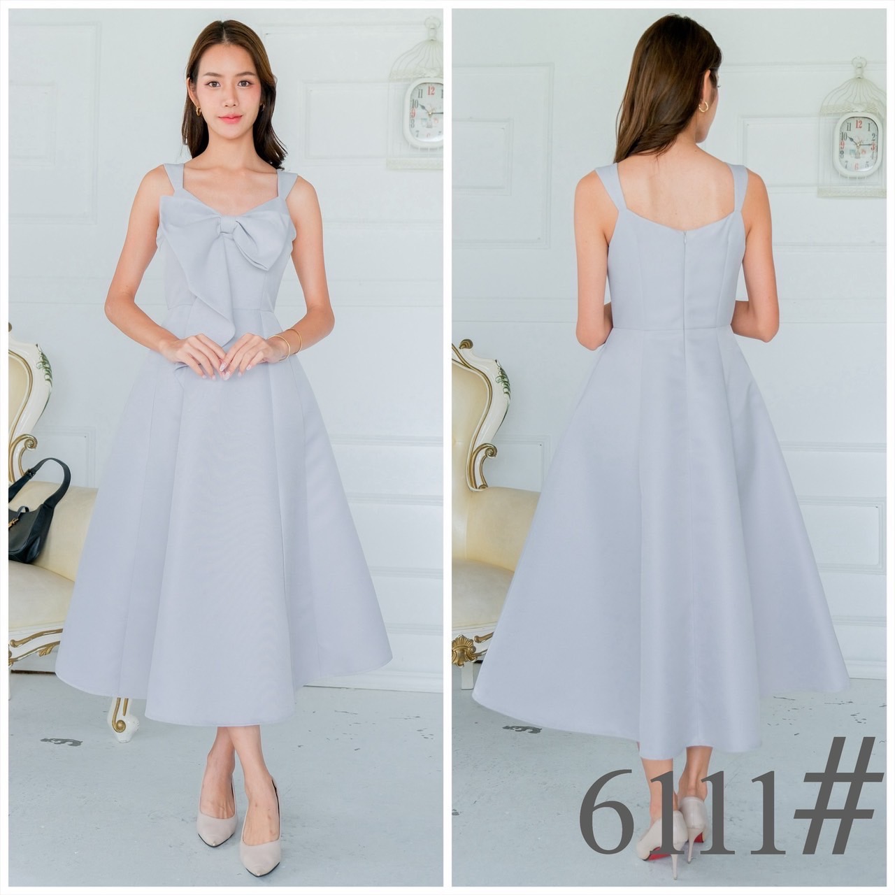 kudapy เดรสยาว แขนกุด อกโบว์ เกาหลี กระโปรงบาน มีกระเป๋าข้าง