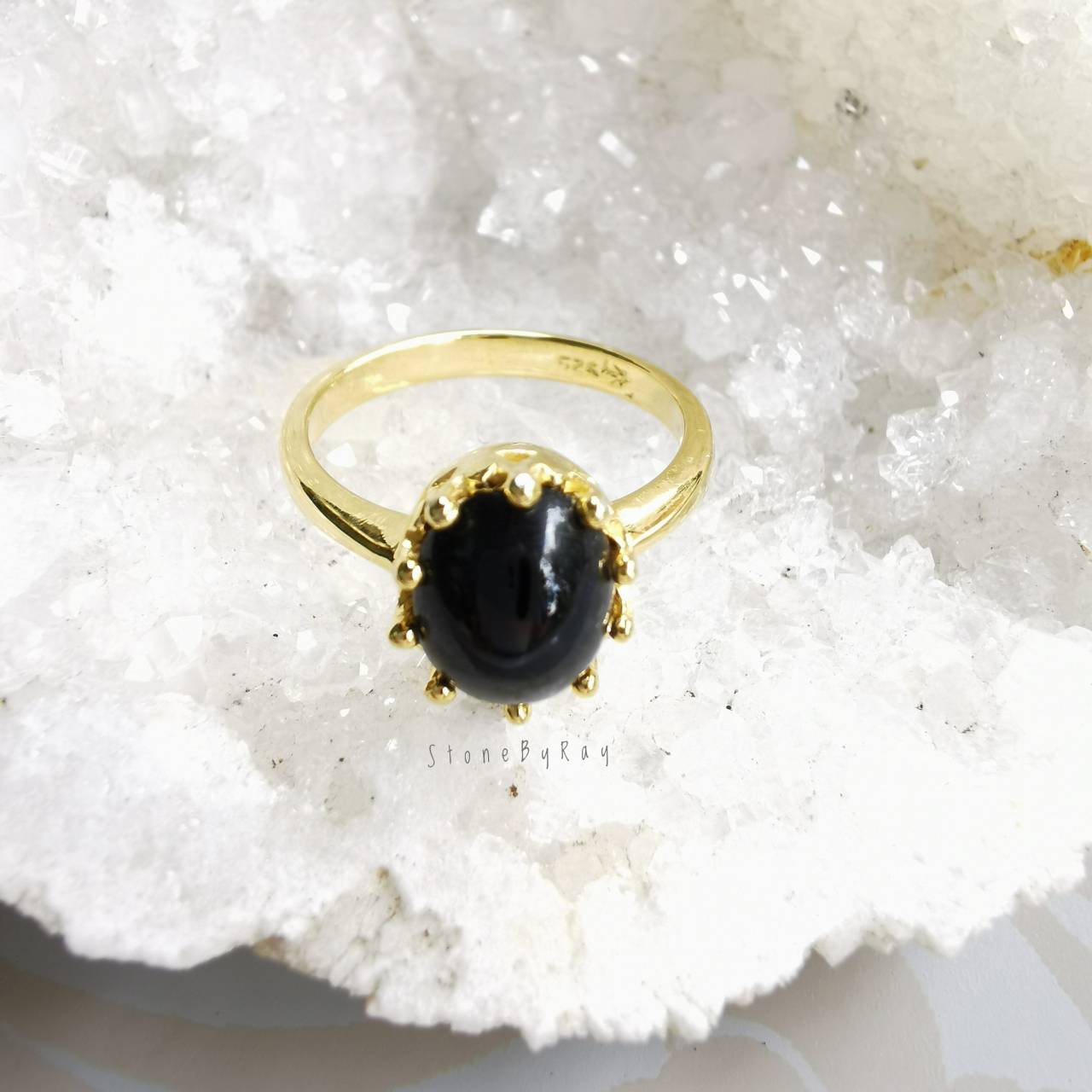 แหวนเงินชุบทอง+หินสะเก็ดดาว Tektite