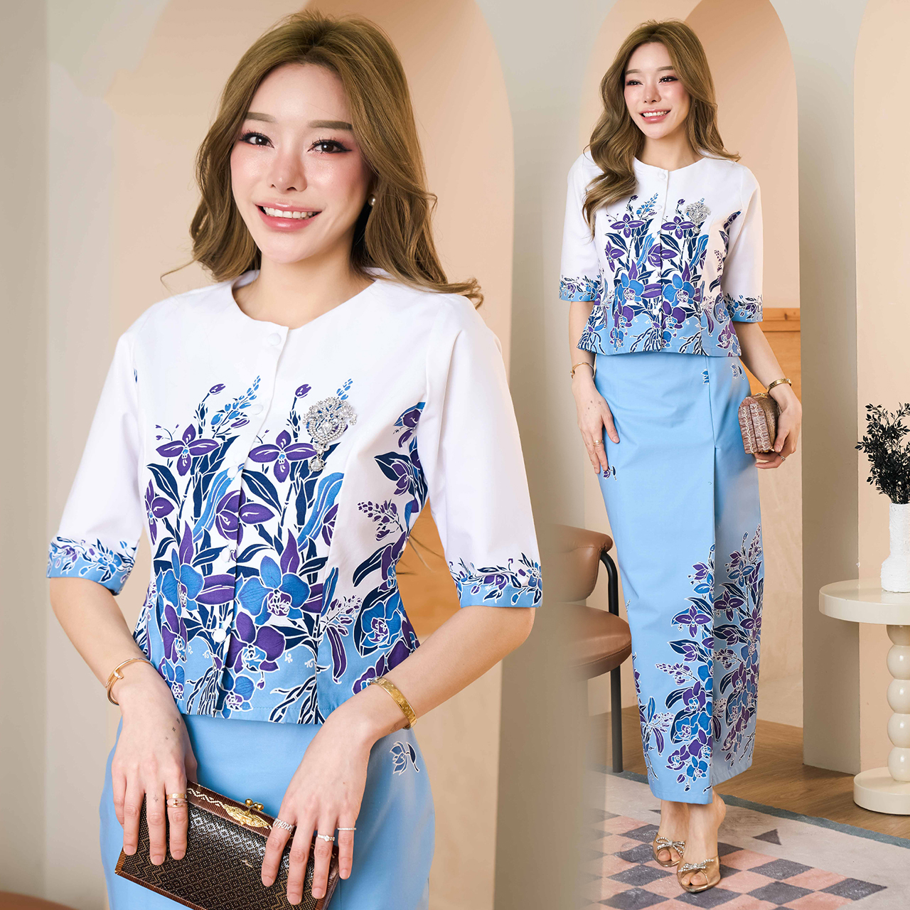 kudapy ชุดผ้าคอตตอนพิมพ์ลายสีสดใส ผ้าปาเต๊ะ ปาใจ ลายสวย ผ้าไม่บางใส ไม่เห็นชั้นใน สีไม่ตก ผ้าไม่ยืดไม่หด อัดกาวทั้งชุด