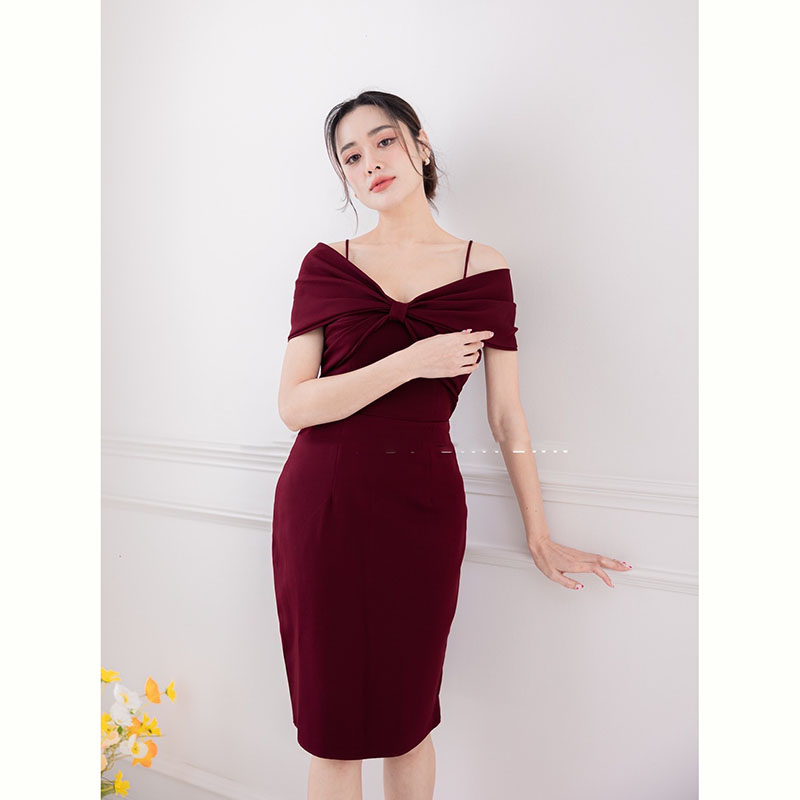 kudapy เดรสสั้นสีกรม/สีชมพู/สีแดง ชุดออกงาน ดีเทลโบว์สอดแขน รุ่นนี้เรียบหรู ลุคคุณหนู น่ารักมาก