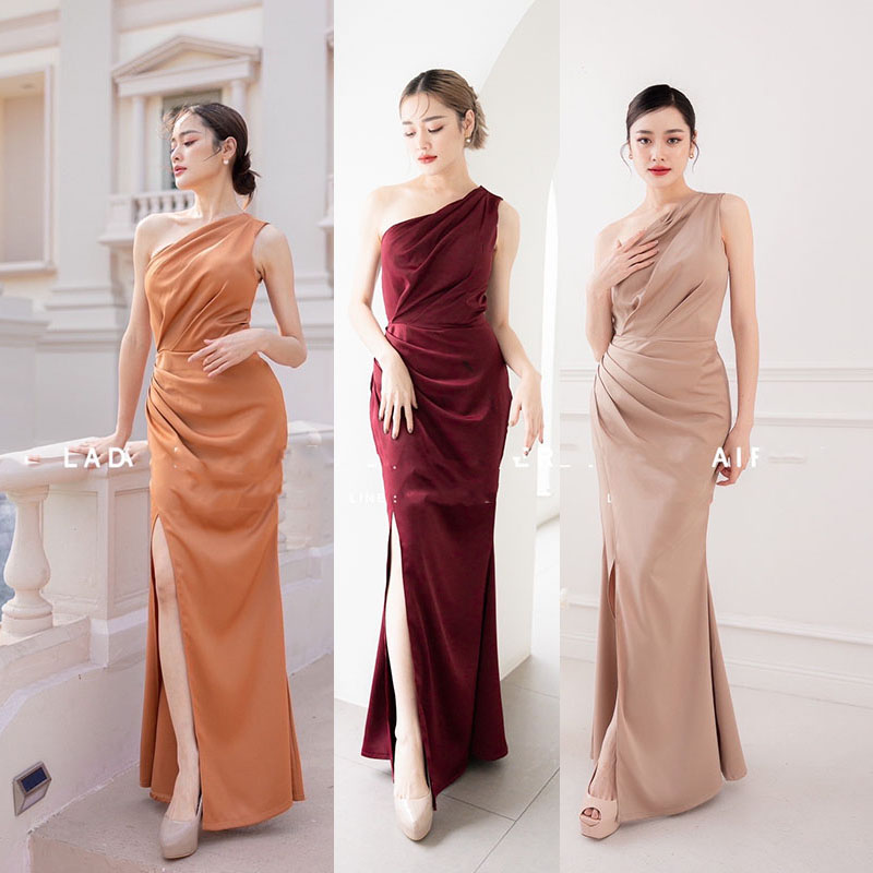 kudapy เดรสยาวสีแดง/สีน้ำตาลอิฐ/สีโอวัลติน ดีเทลจับจีบเน้นความเรียบหรู ชุดออกงาน