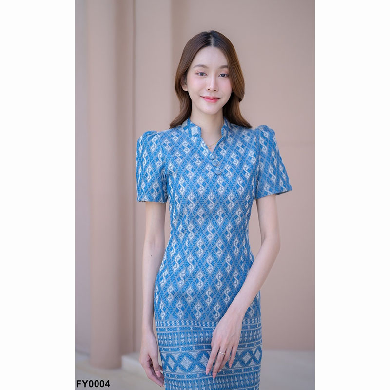 kudapy เดรสสั้นสีเทา/สีกรม/สีชมพู ผ้าไทยคอปีนลายขอ