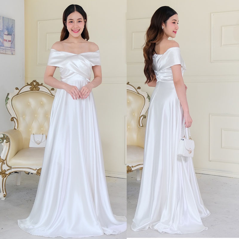 kudapy เดรสยาวสีแดง/สีรสโกล/สีชมพู/สีฟ้า/สีขาว/สีเขียวอทเทา/สีกรม เปิดบ่า อกไขว้ กระโปรงบานเจ้าหญิง เนื้อผ้าซาติน