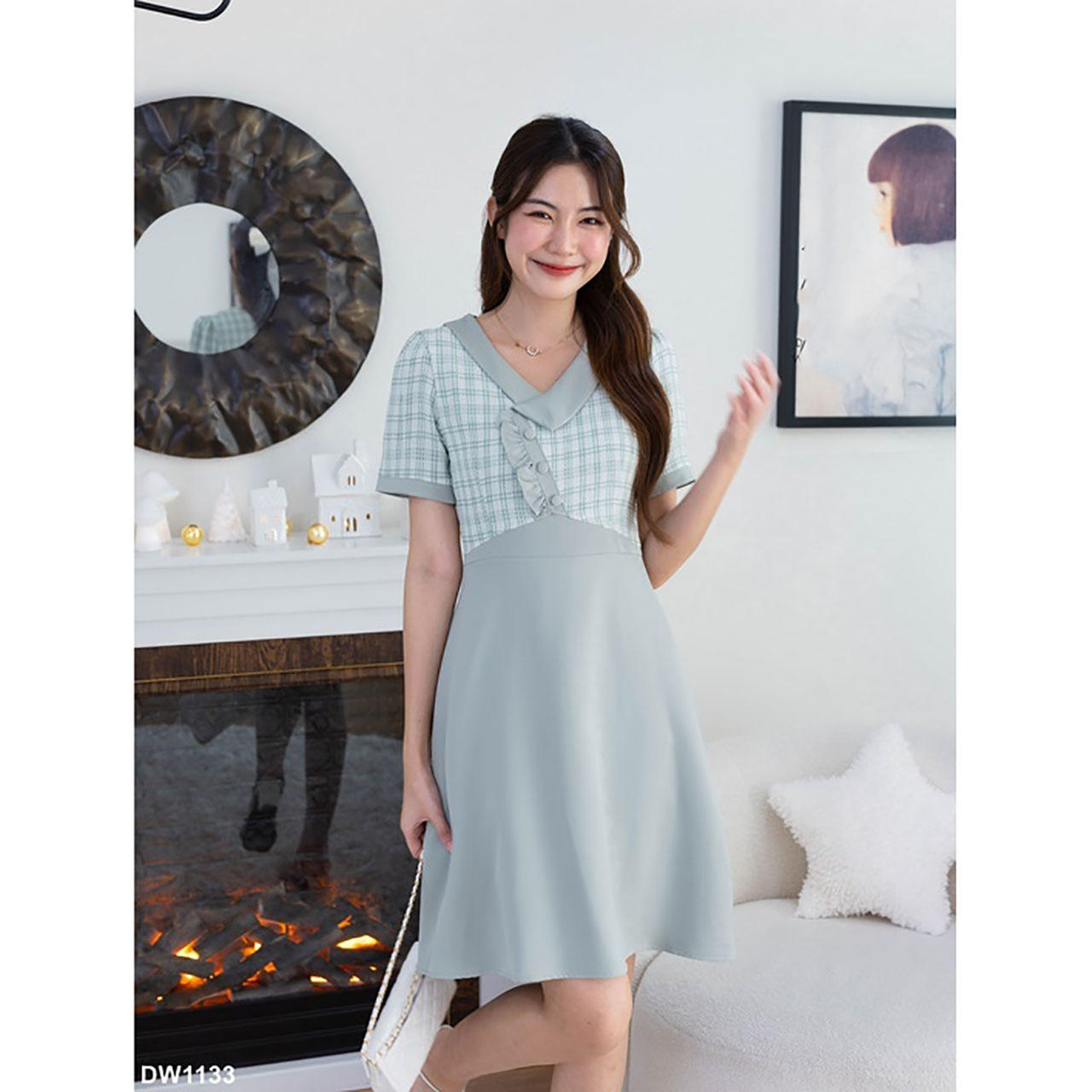 kudapy เดรสสั้นสีฟ้า สีเขียว สีชมพู สีพื้นทรงบานแต่งเสื้อลาย+กระดุม 3 ชิ้น