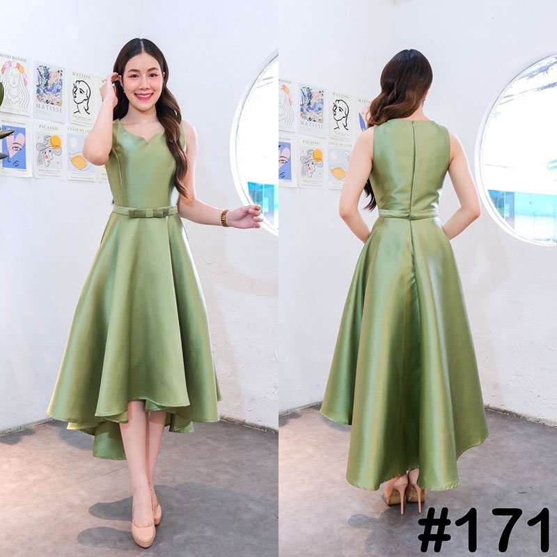 kudapy เดรสกระโปรงทรงหน้าสั้นหลังยาวสีเขียวอมเทา/สีกรม/สีฟ้า อกหัวใจ คอระหงษ์ มาพร้อมเข็มขัดถอดได้