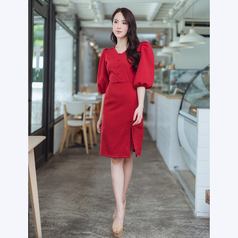 kudapy เดรสสั้นสีแดง,ชมพู แขนจั๊มคอวีกระดุมกลางดูดีสวย