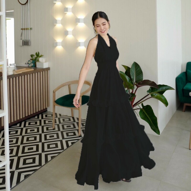 kudapy แม็กซี่เดรสยาวใส่เที่ยวทะเล คอวี แขนกุด แต่งระบาย ดีเมลสวยมาก