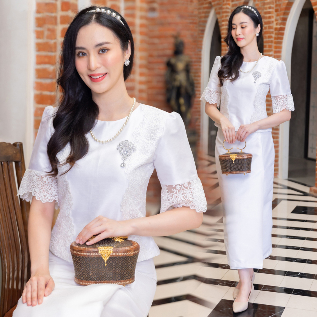kudapy ชุดผ้าไหมแพรทิพย์สีขาว แต่งลูกไม้ฝรั่งเศส ชุดไปวัด ทำบุญ - รุ่นบัวตอง