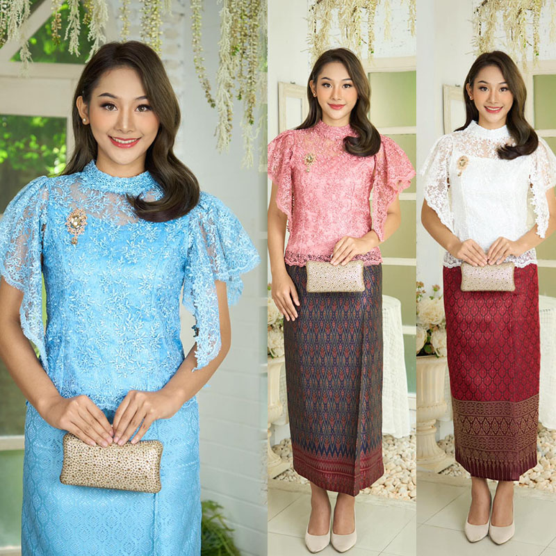 kudapy ชุดเซทเสื้อลูกไม้ใยบวบผสมเลื่อมเกรดพรีเมี่ยม ซิปหลัง มีซับทั้งตัว แขนระบาย+ผ้าถุงอัดกาว อบไอน้ำมาให้อย่างดี