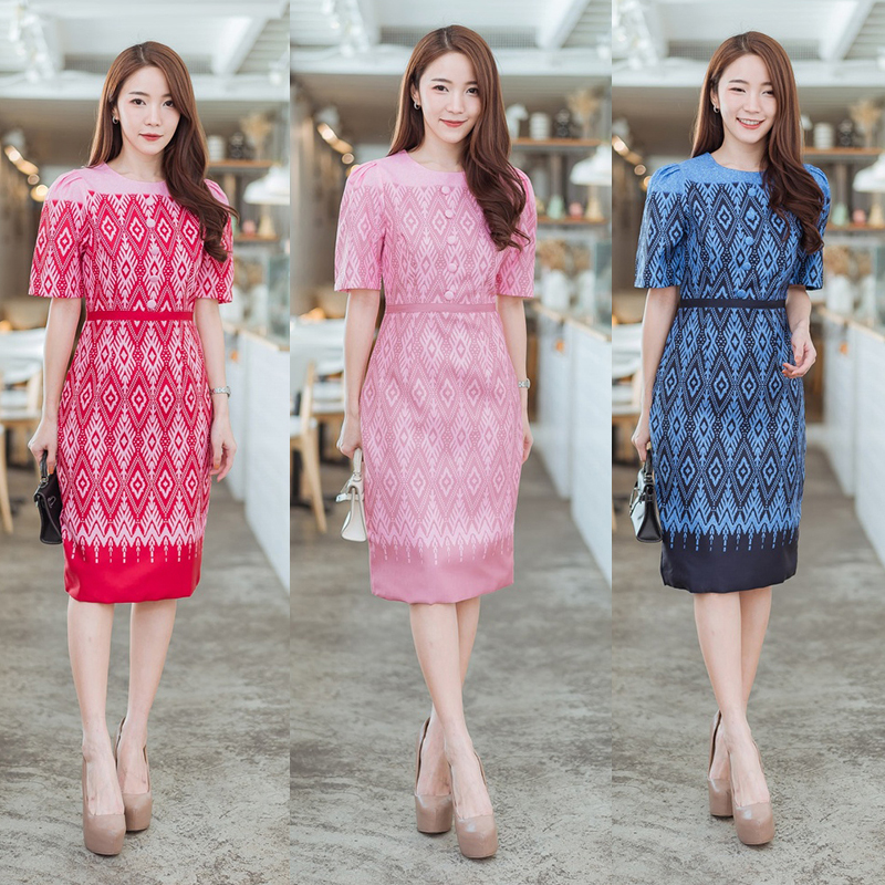 kudapy เซทผ้าไทย เสื้อคอกลมแขนสั้นสีชมพู/สีกรมท่า/สีแดง คอกลมเก็บเอวเข้ารูป ผ้าลายไทยใส่สบายสวยดูดี