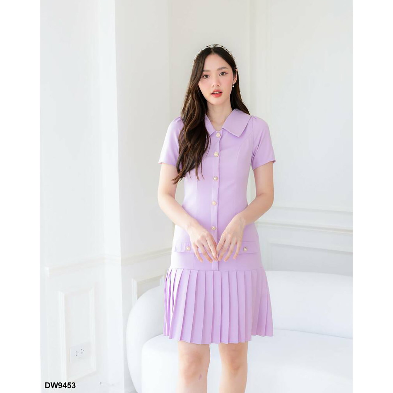 kudapy เเดรสสั้นสีชมพู/สีม่วง/สีฟ้า เดรสคอปกกระดุมมุกกระโปรงพลีท