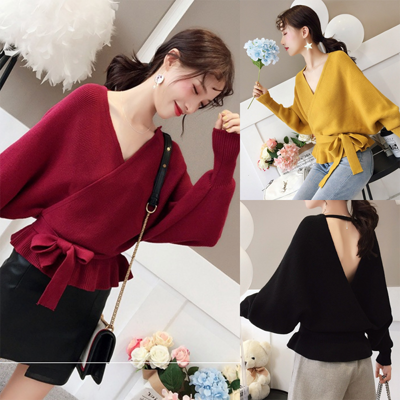 kudapy เสื้อไหมพรมสีดำ/สีแดงไวน์/สีเหลือง ทรงสวย เซ็กซี่ โชว์แผ่นหลัง จั๊มเอว