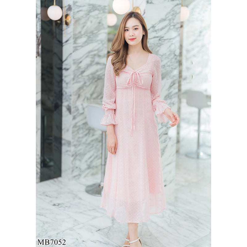 kudapy เดรสยาวสีกรม/สีขาว/สีชมพู แขนยาวลูกไม้ซีทรู สวยดูดีใส่สบายตัว