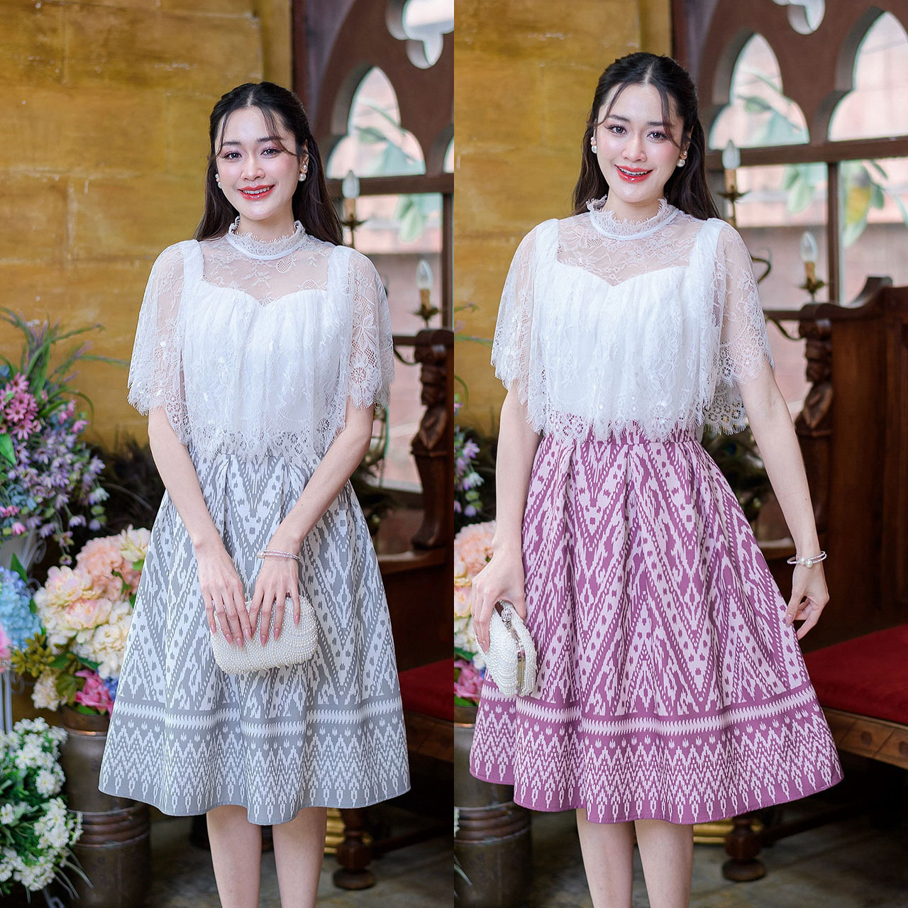kudapy เดรสสั้นสีชมพูม่วง/สีเทา ลายไทยลูกไม้ฝรั่งเศส ดีไซน์คลุมไหล่ระบายยังคงความเป็นไทย กระโปรงบานจับจีบทวิสสวยบาน กระโปรงก็พิมพ์ลาย