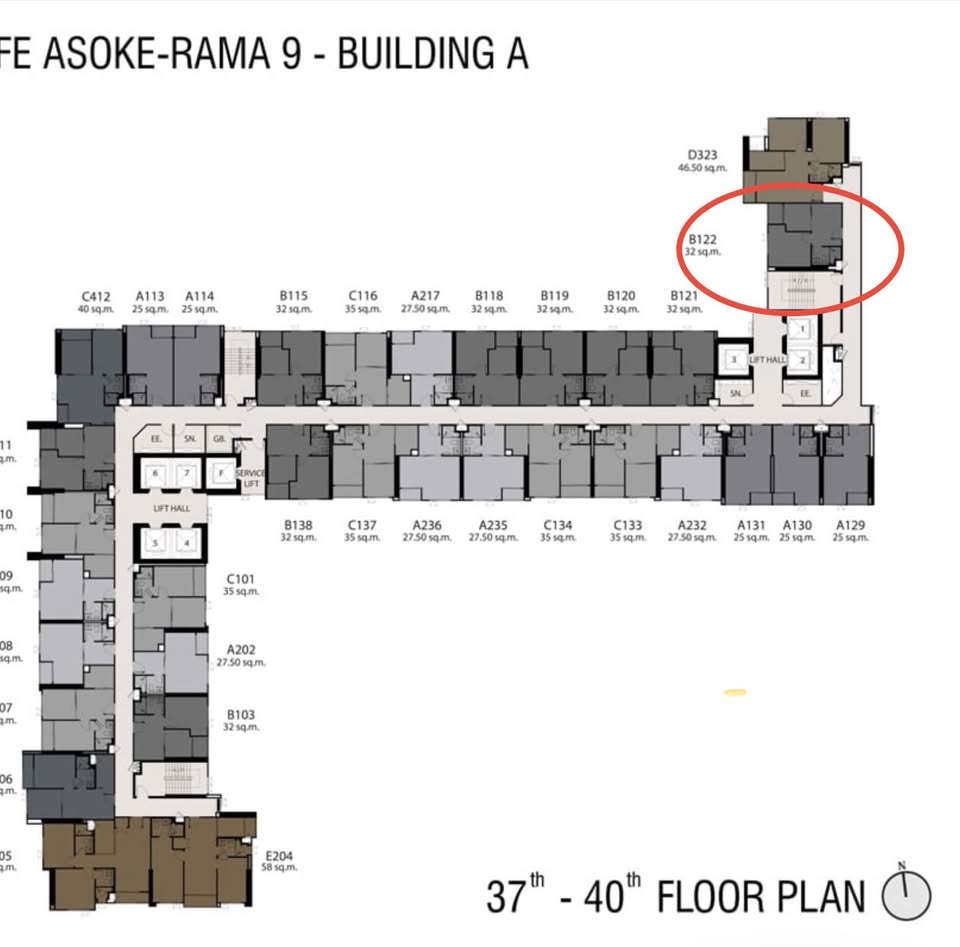 ให้เช่าห้องแบบ 1ห้องนอน 1ห้องน้ำ โซนพื้นที่ MRT พระราม 9 คอนโด Life Asoke - Rama 9 (ไลฟ์ อโศก - พระราม 9) High Rise ขนาดห้อง 32 ตรม. ชั้น 37 ตึก A