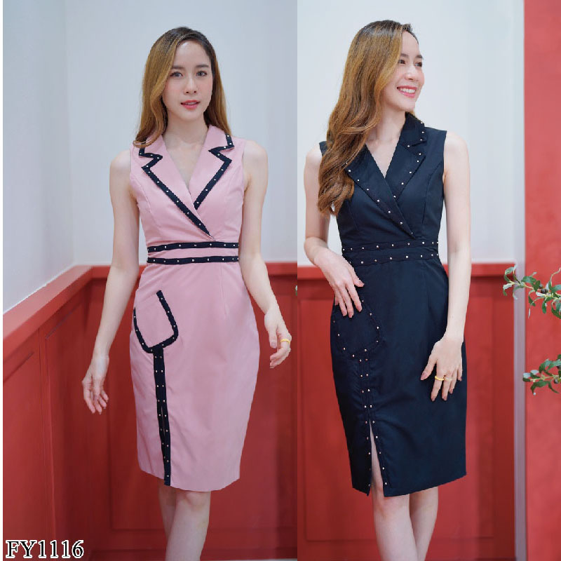 kudapy เดรสสั้นสีชมพู/สีดำ แขนกุดปกสูทกระโปรงปาดหน้าสวยใส่สบายดูดีมากๆ