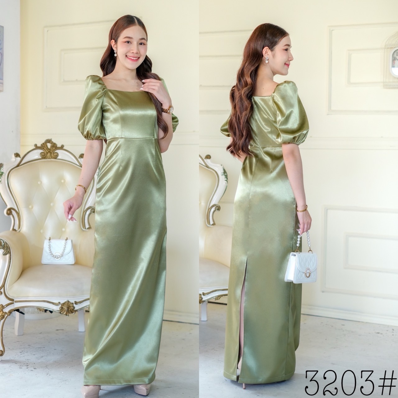 kudapy เดรสราตรียาว คอเหลี่ยม แขนสั้นจับพอง ใส่ได้สองแบบ เปิดบ่า แขนสั้น กระโปรงทรงสอบยาว ซิปหลัง