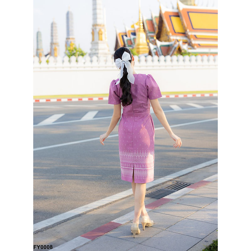 kudapy เดรสสั้นสีชมพู/สีดำ ผ้าลายไทย ทรงเข้ารูป แต่งกระดุม ใส่ออกงาน สวยดูดีเรียบร้อย