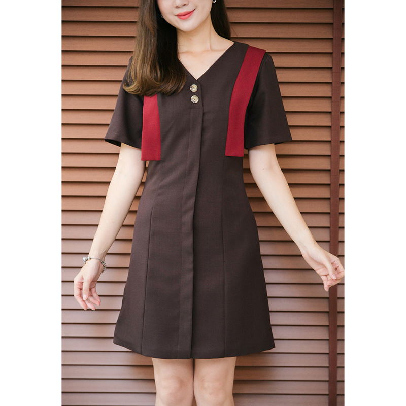 kudapyเดรสสั้นสีส้ม,สีน้ำตาล ตัดต่อเลเยอร์เล่นแถบด้านข้างลำตัว สวยเก๋แบบไม่ซ้ำใคร