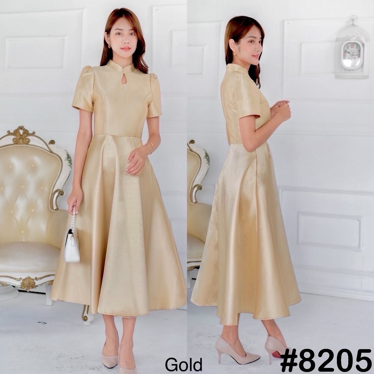 kudapy เดรสสั้นสีแดง/สีชมพู/สีทอง/สีขาว คอจีน รงแขนสั้นบ่าจีบ กระโปรงฟรีสะโพกพริ้วสวย พร้อมกระเป๋าข้าง