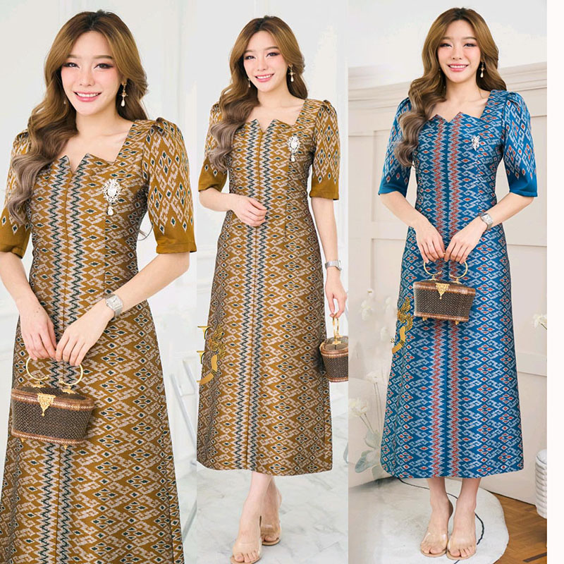 kudapy เดรสยาวสีน้ำตาล/สีฟ้าเข้ม ผ้าไหมทอลายมัดหมี่เกสร ตัวนี้ใช้ผ้า4 หลาค่ะ จับลายต่อใหม่ให้ดูโดดเด่นมากขึ้น