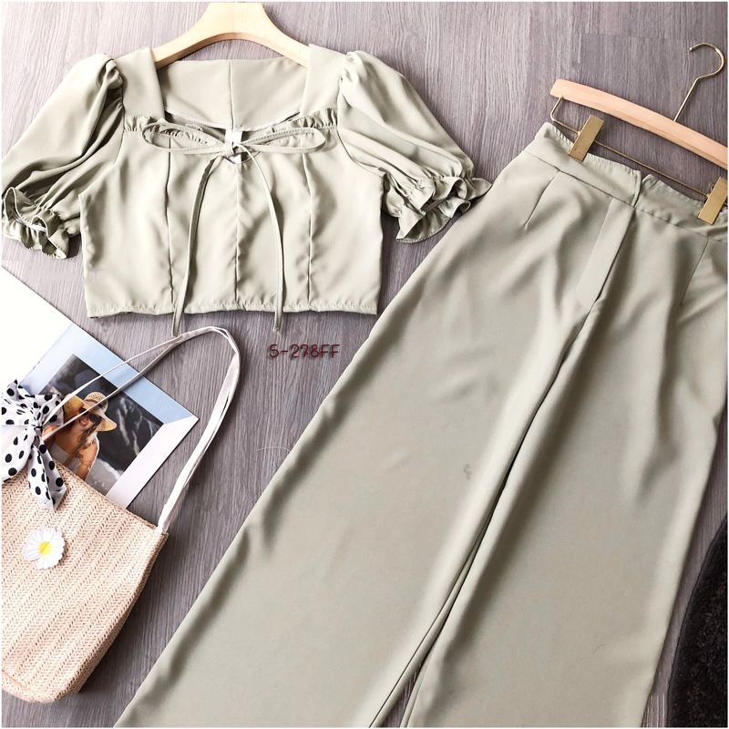 kudapy Set 2 ชิ้นสี ชมพู น้ำตาล เขียว เสื้อแขนพองปลายแขนสม๊อค อกจับจีบผูกโบว์ มาพร้อมกางเกงขายาว สวยๆ เก๋ๆ