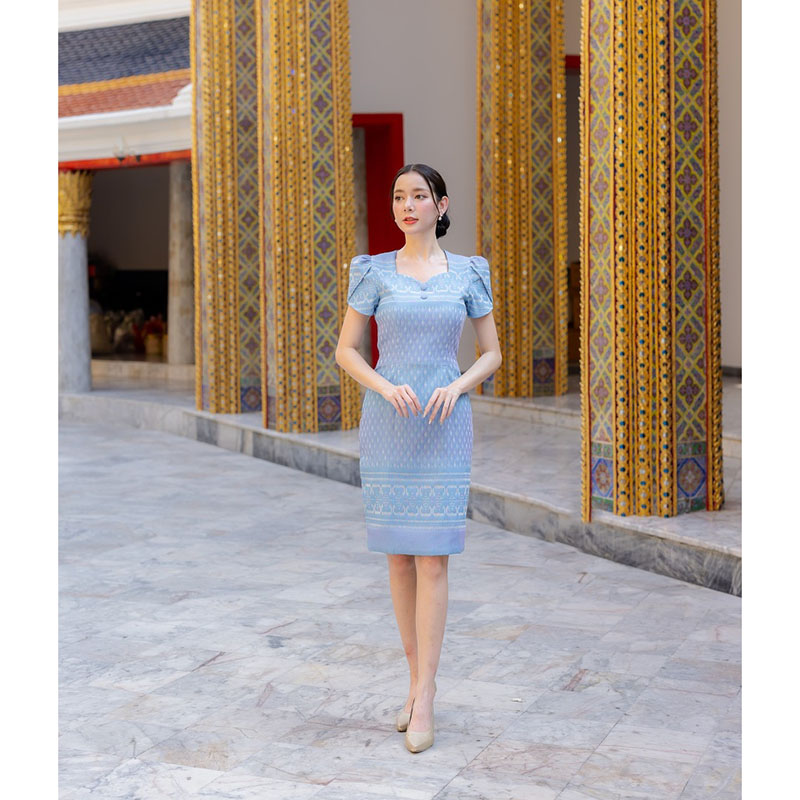 kudapy เดรสสั้นสีโอรส/สีชมพู/สีม่วง/สีฟ้า ผ้าทอแขนบัว เดรสผ้าไทยสวยดูดี ใส่ออกงาน