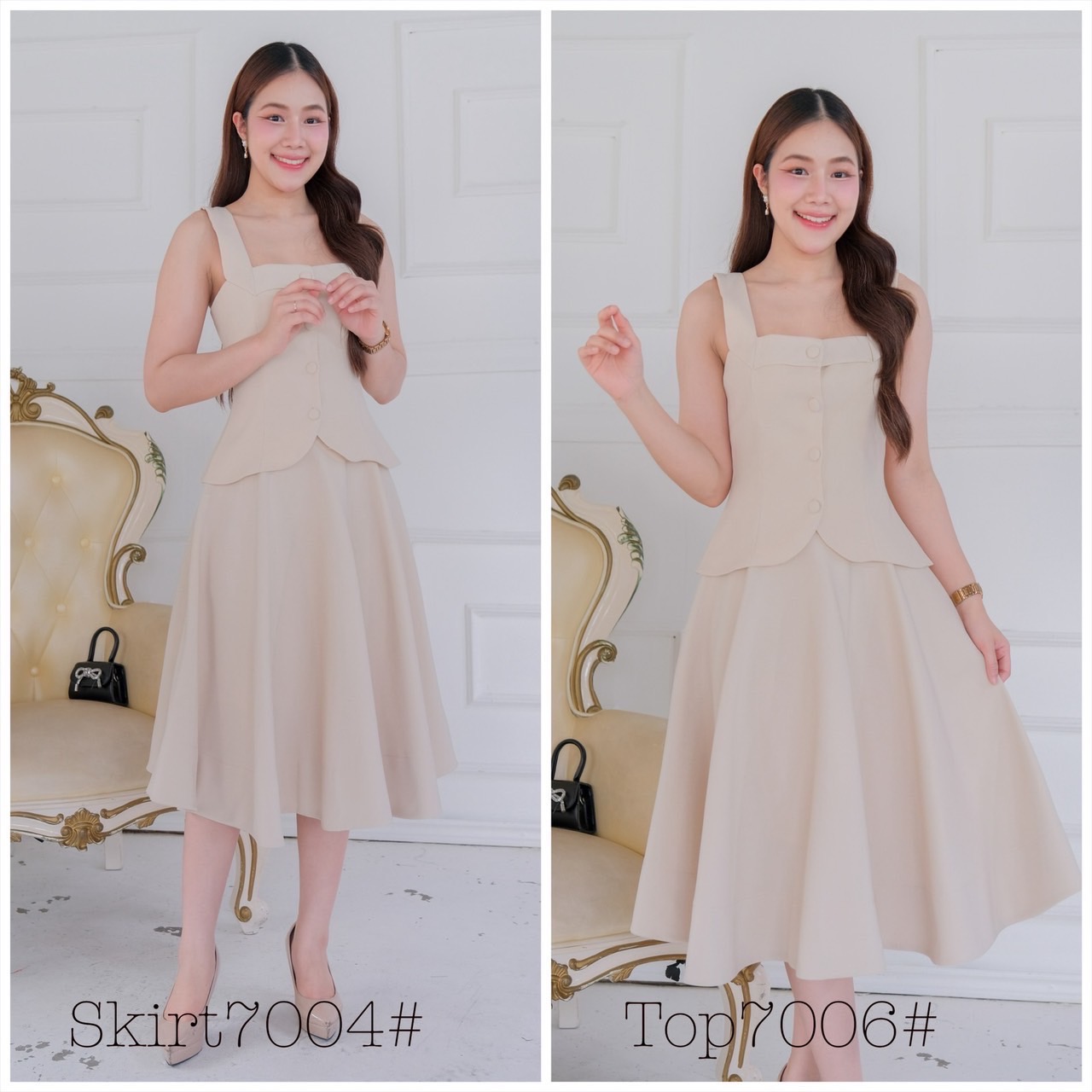 kudapy ชุดเซ็ทเสื้อแขนกุดกระดุมหน้า ชายโค้งทิวลิป คอตตอนวูลบาง อัดกาว กระโปรงทรงบานเอวสูง พริ้วสว