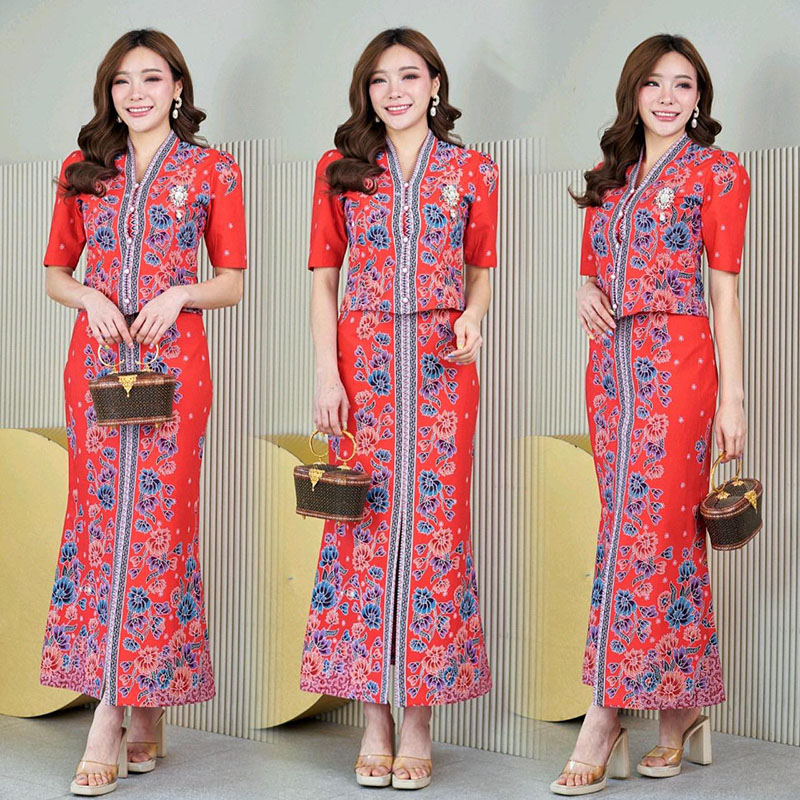 kudapy ชุดเซ็ทสีส้มแดง เนื้อผ้า ผ้าคอตตอนพิมพ์ลายปาเต๊ะ สีสดใส ลายสวย ผ้าไม่บางใส