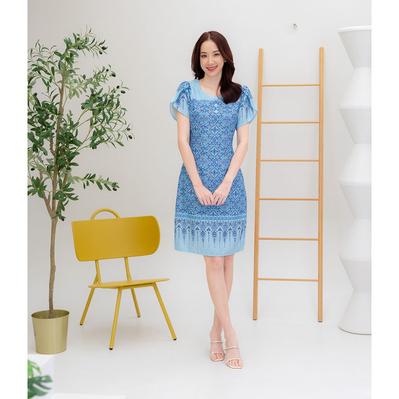 kudapy เดรสสั้นสีฟ้า/สีชมพู/สีม่วง ผ้าลายไทยแขนกลีบบัว