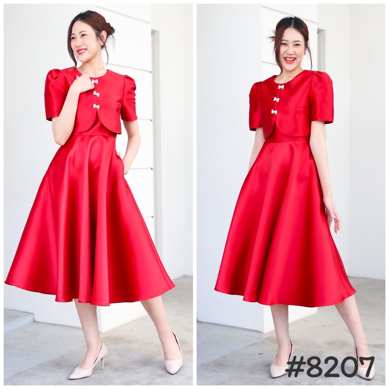 kudapy เดรสออกงานแต่งเชิ้ต สีขาว ,แดง ,ชมพู ,โรสโกลด์, ดำ คอกลมแต่งครอป ประดับกระดุมโบว์จิ๋ว