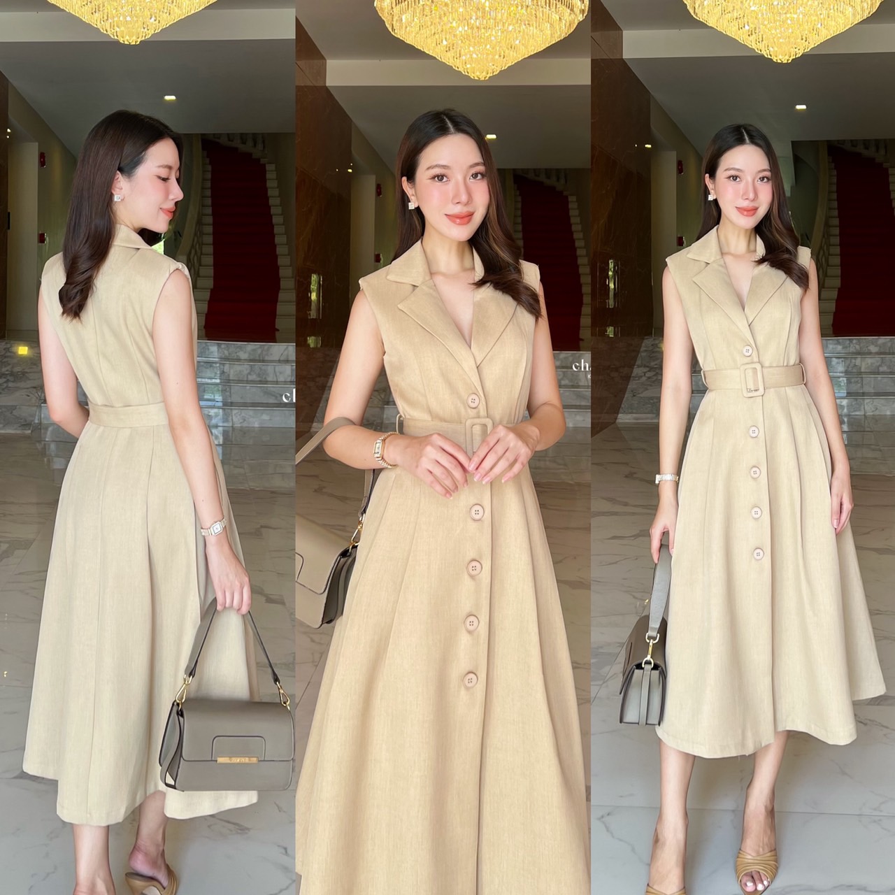 kudapy เดรสยาวสีชมพู/สีครีม สูททรงสวยคลาสสิค ผ้านุ่มใส่สบาย เดรสมีซับในทั้งตัว กระดุมจริง