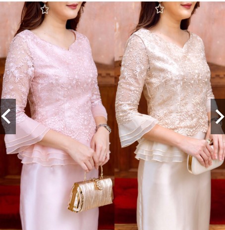 kudapy ชุดเซตออกงานไทยประยุกต์สีเทาเงิน/สีฟ้า/สีชมพู/สีทอง/สีโอรส เสื้อเนื้อลูกไม้ใยบวบปักกริ้ตเตอร์แขนระบายผ้าแก้ว+กระโปรงยาวเนื้อเงางา