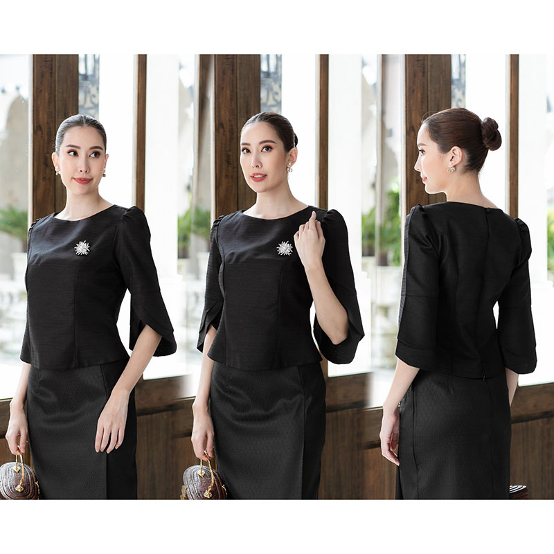 kudapy เสื้อผ้าไหมประยุกต์สีขาว/สีดำ อัดกาวทั้งตัว ทรงสวย อยู่ทรง มีซิปหลังสวมใส่ง่าย แขนต่างสองชั้นสวย ใส่ออกงาน (เฉพาะเสื้อ)