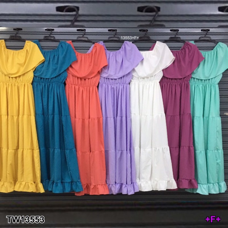 kudapy Maxi Dress เดรสยาวสีขาว ม่วงอ่อน ม่วงเข้ม ส้ม เขียวทะเล เขียวมิ้นท์ เหลือง เปิดไหล่ แขนระบาย ชายเดรสแต่งระบายรอบ มีซับในกระโปรง