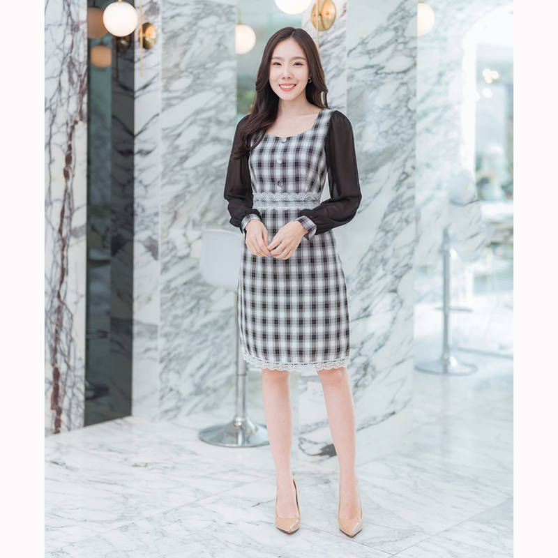 kudapy เดรสสั้นแขนยาวชีฟองคอเหลี่ยมสีชมพู/สีฟ้า/สีดำ ลายสก็อตชาบลูกไม้แขนชีฟอง