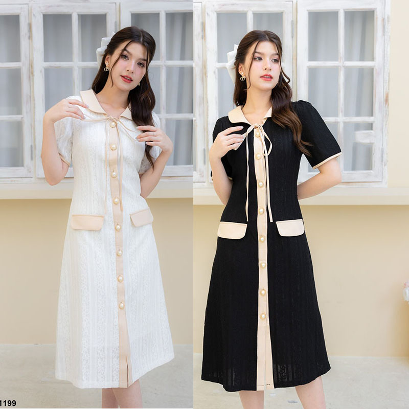 kudapy เดรสยาวสีครีม/สีดำ สไตล์มินิมอล ติดกระดุม ทรงกระสอบ เป็นงานแต่งกระเป๋า พร้อมโบว์ผูกเพิ่มกิมมิคให้ดูน่ารักยิ่งขึ้น