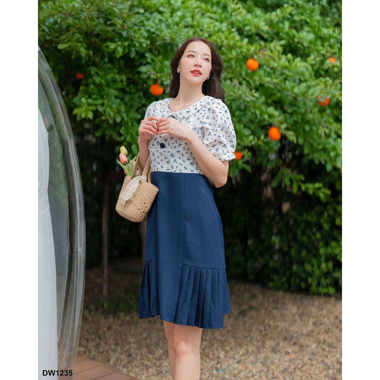 kudapy เดรสสั้นสีชมพู สีกรม สีน้ำเงินเข้ม คอบัวเสื้อลายดอกกระโปรงผ้าพื้น