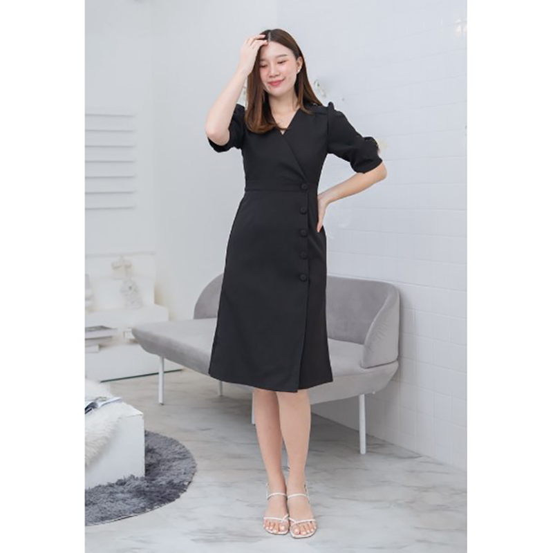 kudapy เดรสสั้นสีชมพูอ่อน,สีเหลือง,สีเขียว,สีดำ,สีชมพูนู้ด,สีแดงไวน์ ผ้านาโนเนื้อดี คอวีแขนตุ๊กตา